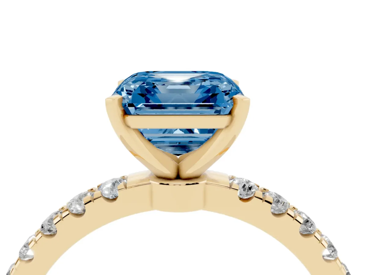 Fancy Blue Asscher Cut Diamond Solitaire Ring with Pavé Accents and Four-Prong Setting Yellow gold