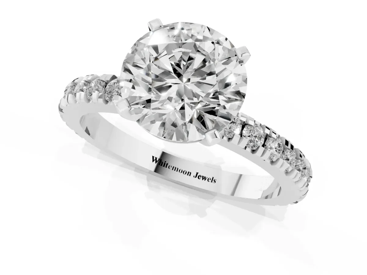 Round Cut Diamond Pavé Band Solitaire with Four-Prong Setting Silver