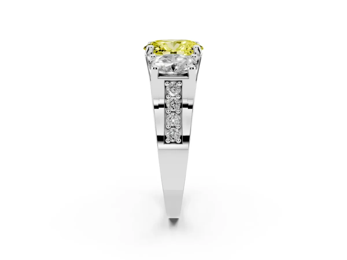 Fancy Yellow Oval Cut Diamond Three-Stone Ring with Channel Set Band and Four-Prong Setting Silver