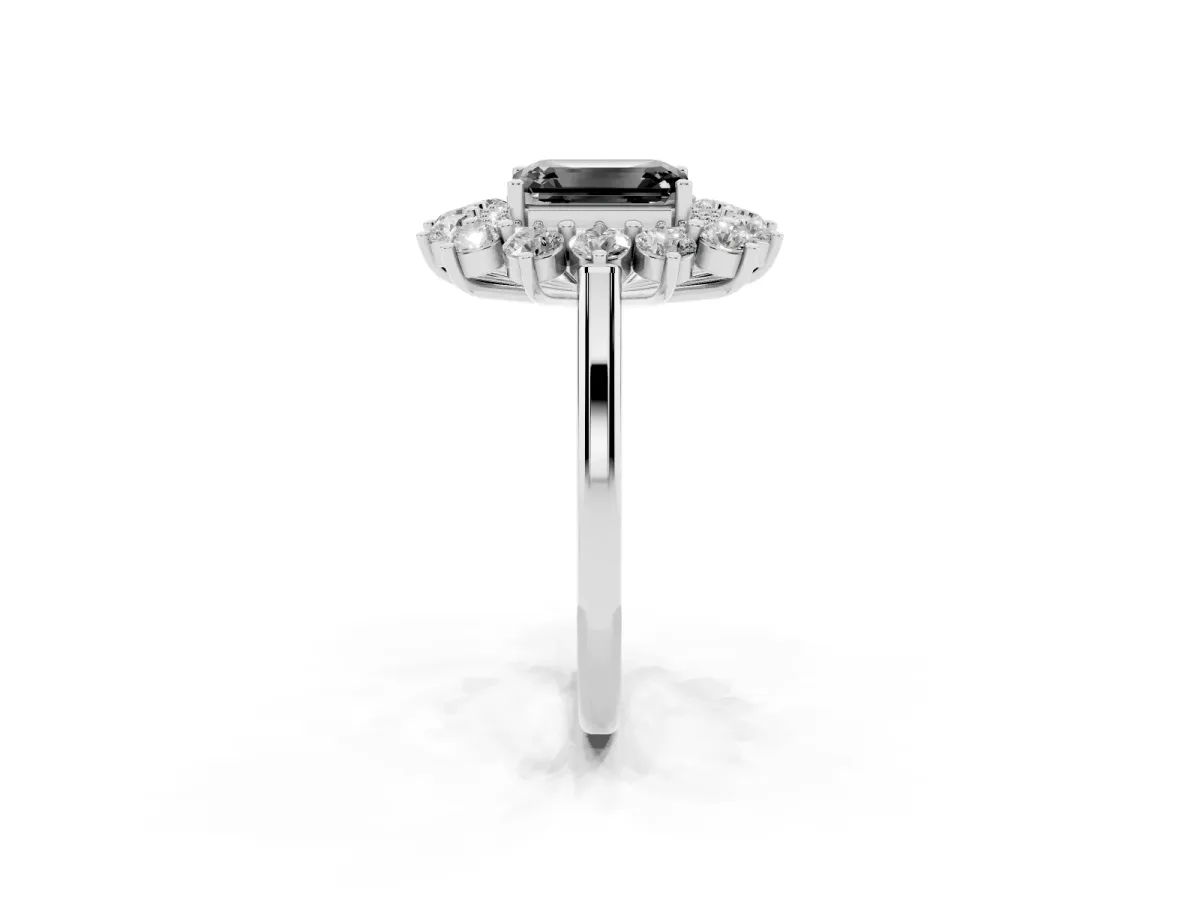 Fancy Black Emerald Cut Diamond Floral Double Halo Engagement Ring with Prong Setting Silver