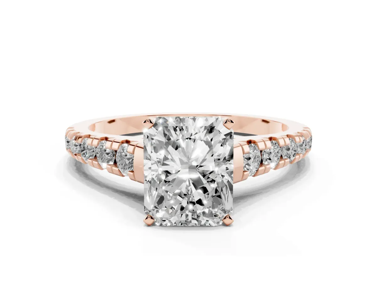 Radiant Cut Diamond Cathedral Solitaire Ring with Round Pavé Band Rose gold