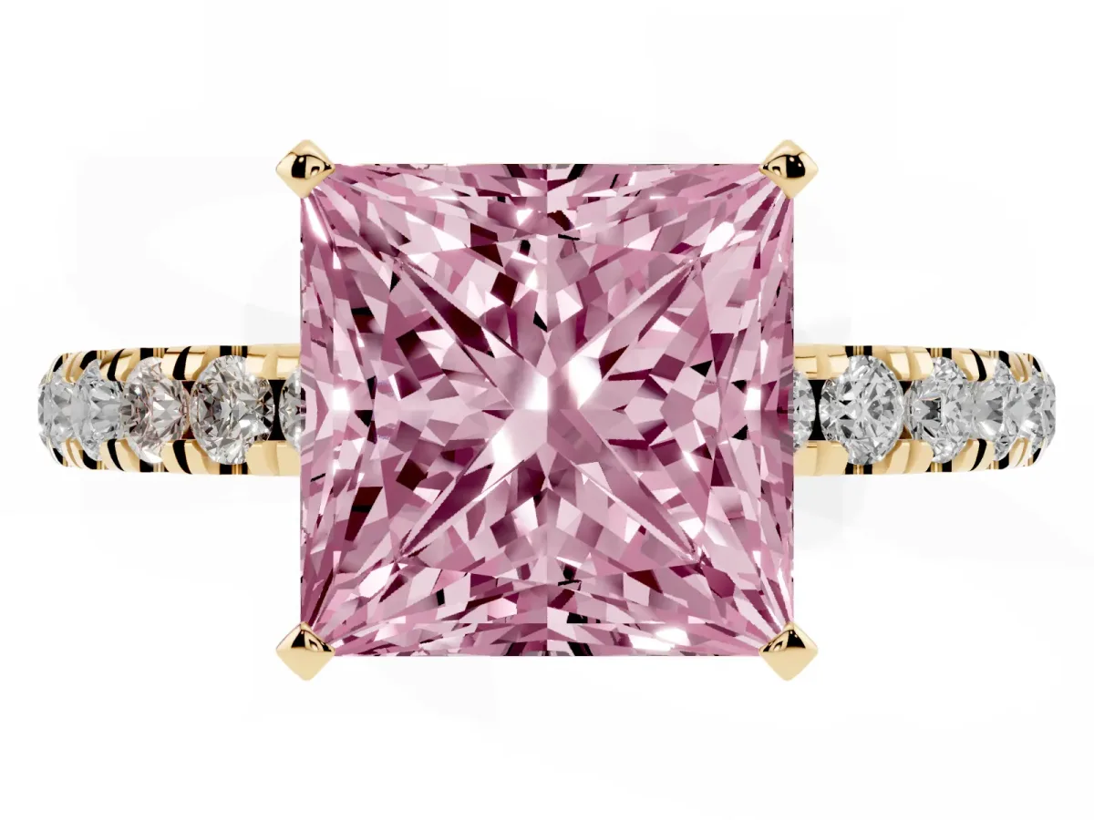 Fancy Pink Princess Cut Diamond Solitaire Ring with Pavé Accents and Four-Prong Setting Yellow gold
