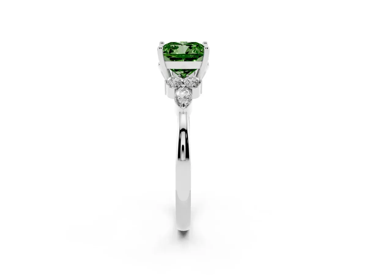 Fancy Green Cushion Cut Brilliant Diamond Solitaire Ring with Pear Side Stones and Four-Prong Setting Platinum