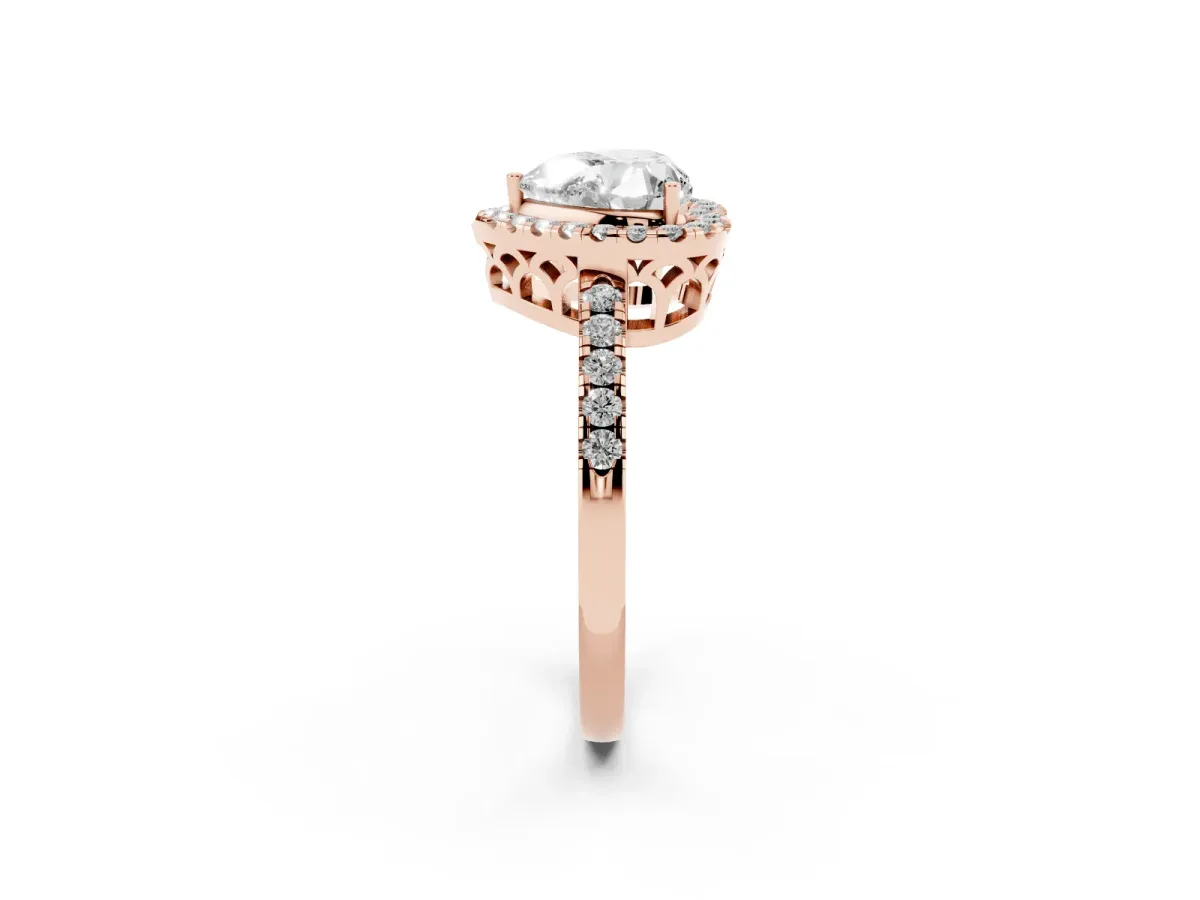 Heart Cut Halo Diamond Engagement Ring with Pavé Band and Four-Prong Setting Rose gold