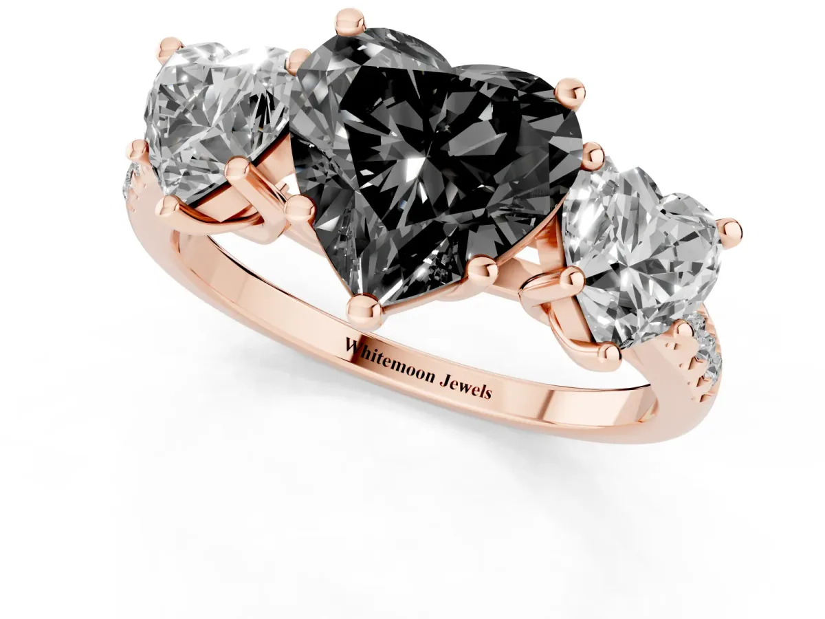 Fancy Black Three-Stone Heart Cut Diamond Ring with Round Pavé Band and Prong Setting Rose gold