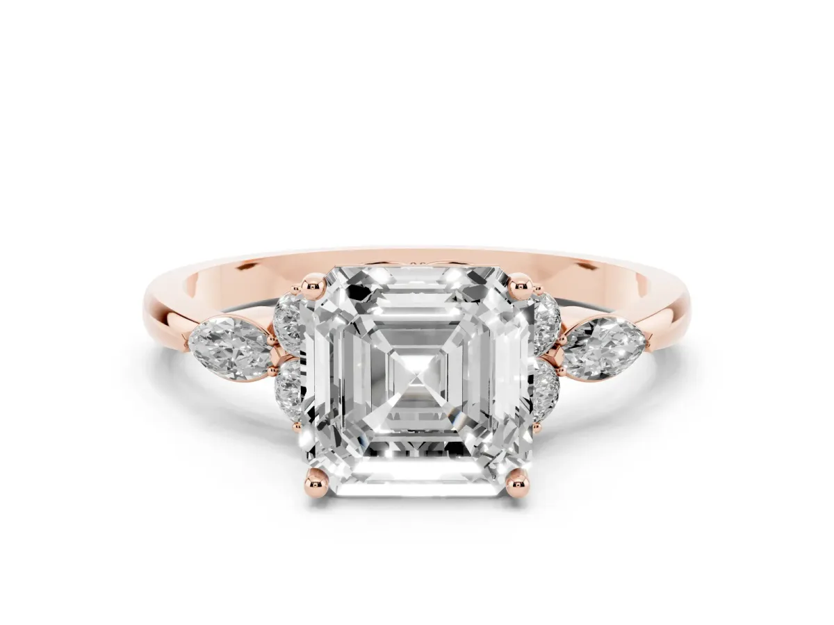 Asscher Cut Brilliant Diamond Solitaire Ring with Pear Side Stones and Four-Prong Setting Rose gold