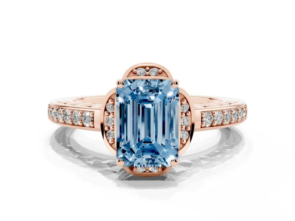 Fancy Blue Emerald Cut Cut Halo Diamond Ring with Channel Set Band and Four-Prong Setting Rose gold