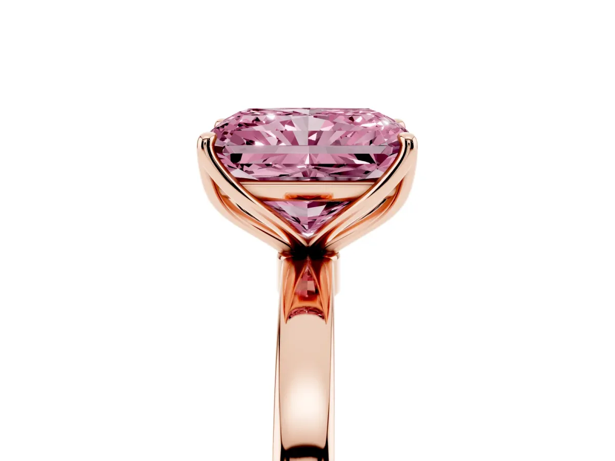Fancy Pink Radiant Cut Diamond Solitaire Ring with Thin Band and Prong Setting Rose gold