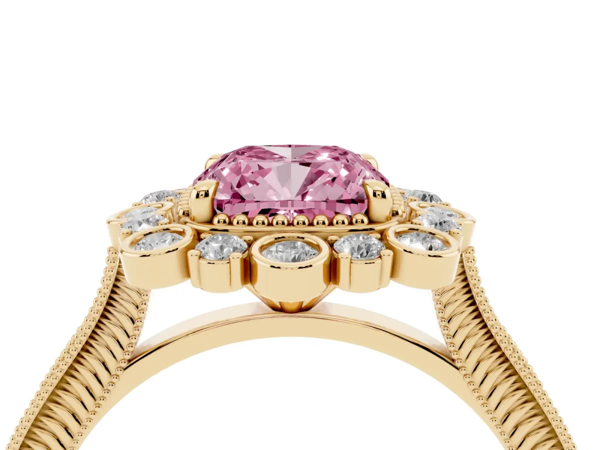 Fancy Pink Cushion Cut Halo Milgrain Pave Diamond Ring with Four-Prong Setting Yellow gold