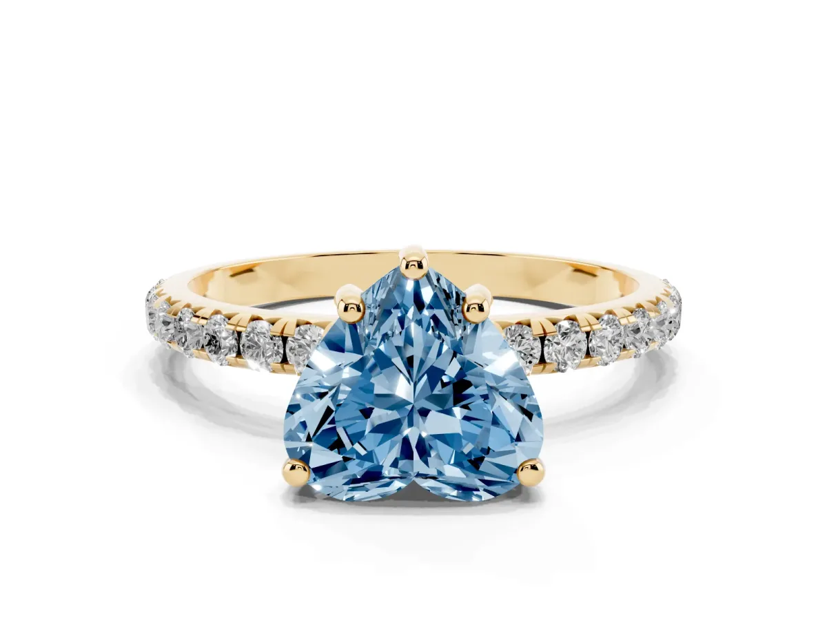 Fancy Blue Heart Cut Cut Diamond Solitaire Ring with Micro Pave Band and Four Prong Setting Yellow gold