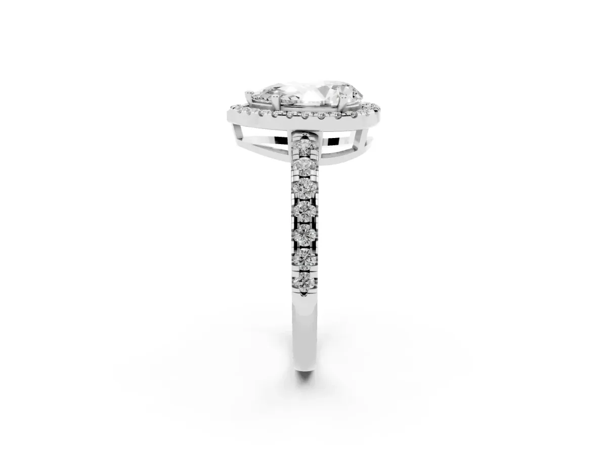 Pear Cut Diamond Halo Ring with Pavé Band and Four-Prong Setting Silver