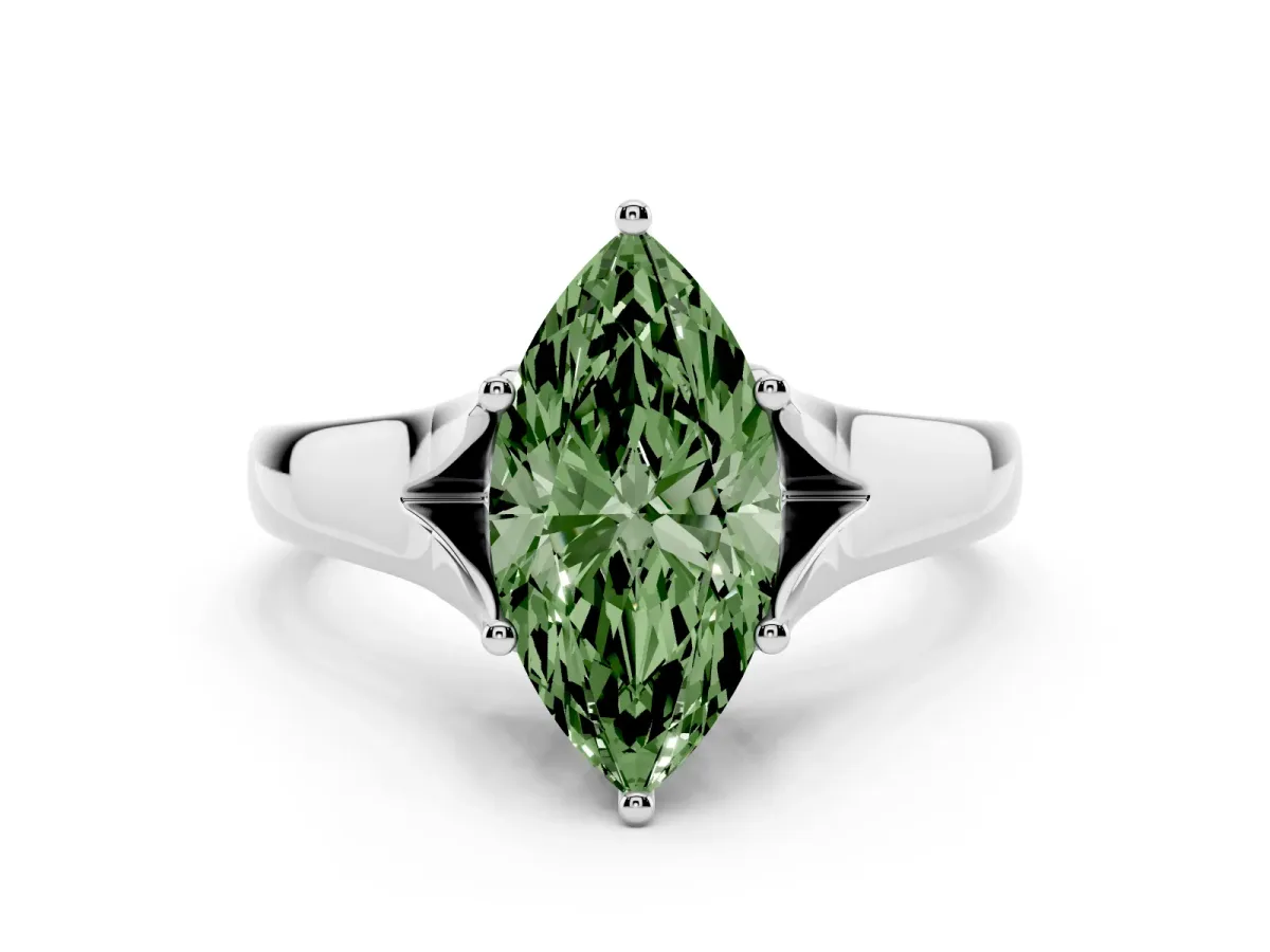 Fancy Green Marquise Cut Solitaire Diamond Ring with Cathedral Band and Four-Prong Setting Platinum