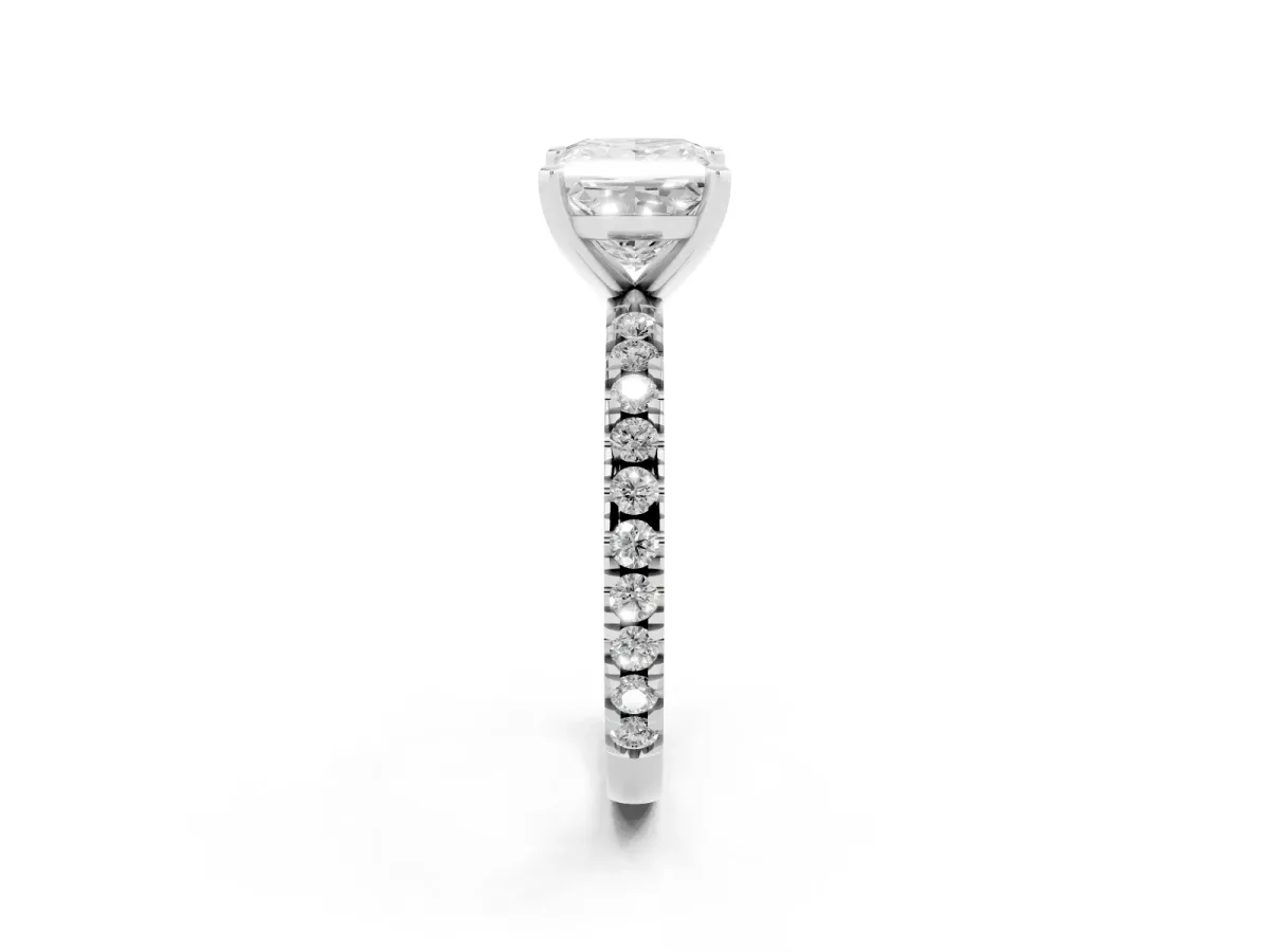 Princess Cut Diamond Pavé Band Solitaire with Four-Prong Setting Silver