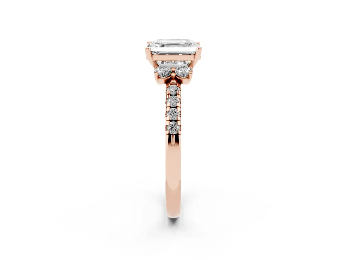 Asscher Cut Diamond Three-Stone Pave Band with Four-Prong Setting Rose gold