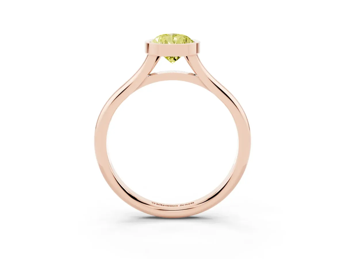 Fancy Yellow Bezel Set Pear Cut Cut Solitaire Ring with Tapered Band Rose gold
