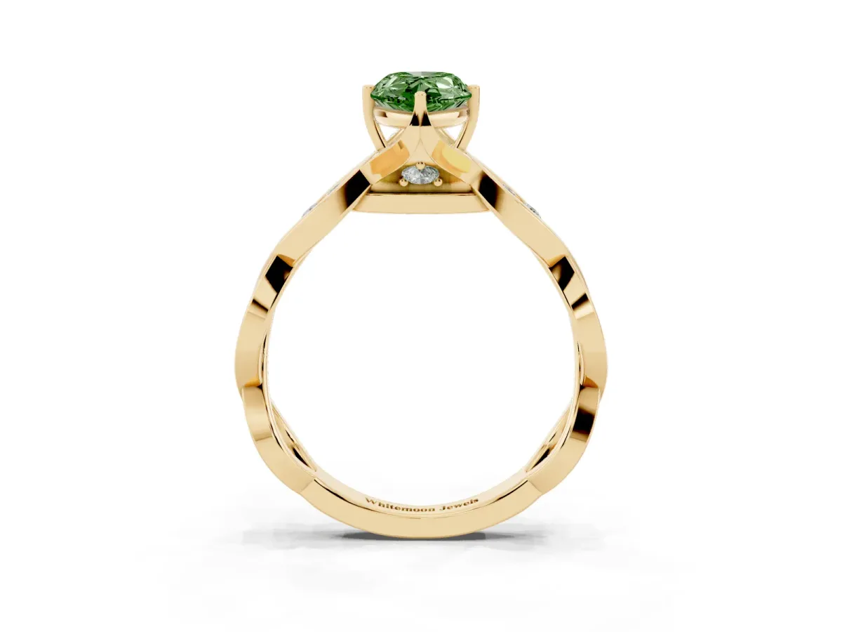 Fancy Green Pear Cut Solitaire Twist Band with Leaf Prong Setting Yellow gold