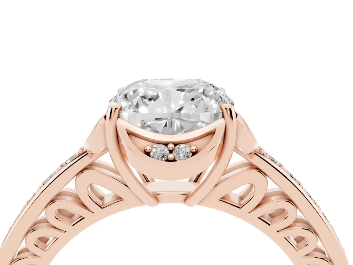 Cushion Cut Cut Halo Diamond Ring with Channel Set Band and Four-Prong Setting Rose gold