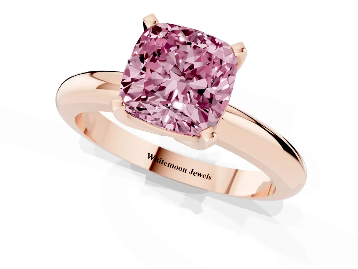 Fancy Pink Cushion Cut Diamond Solitaire Engagement Ring with Round Band and Four-Prong Setting Rose gold