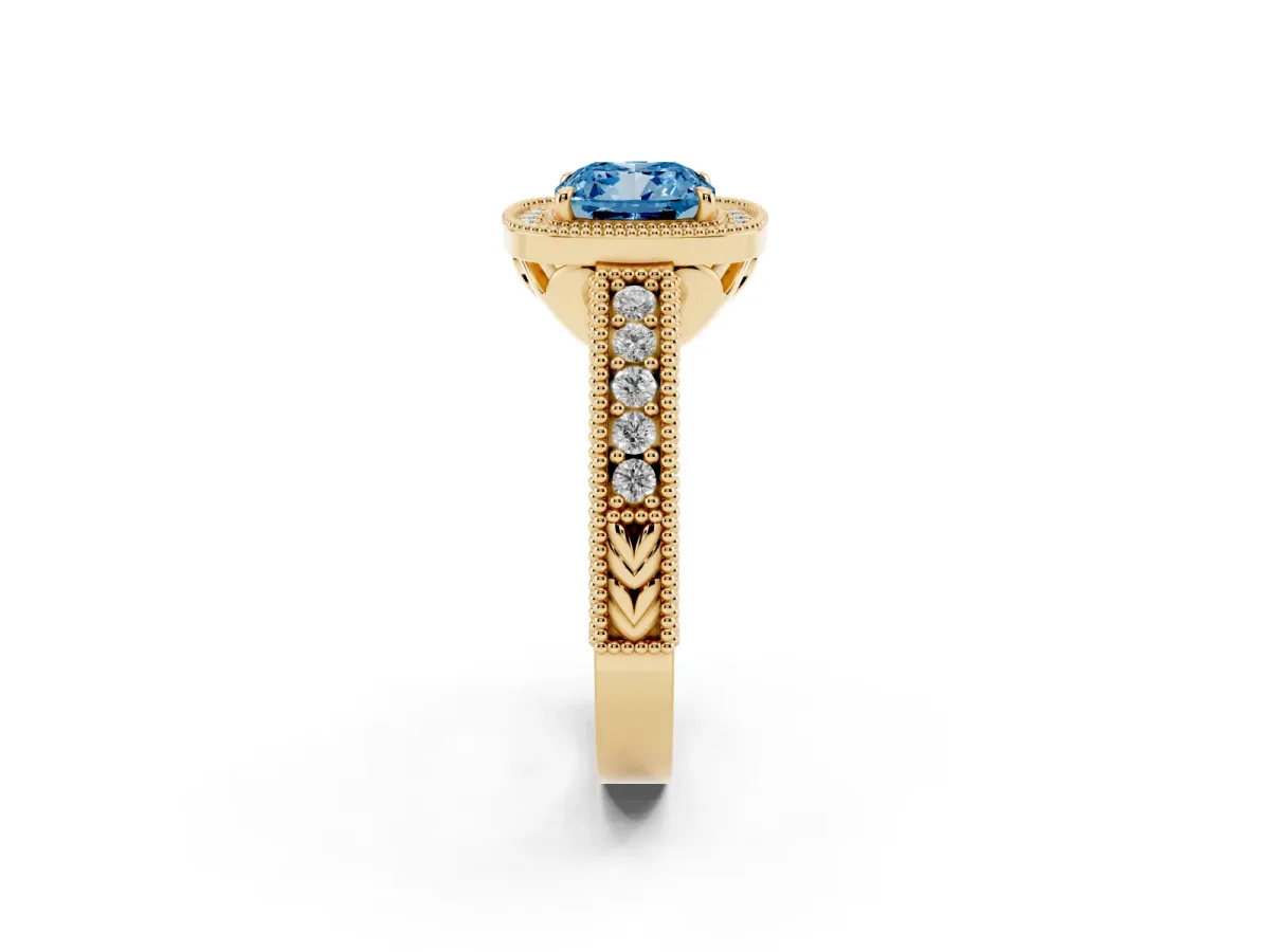 Fancy Blue Cushion Cut Cut Halo Diamond Ring with Pavé Band and Four-Prong Setting Yellow gold