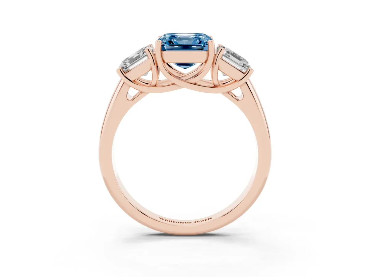 Fancy Blue Three-Stone Asscher Cut Diamond Engagement Ring with Prong Setting Rose gold