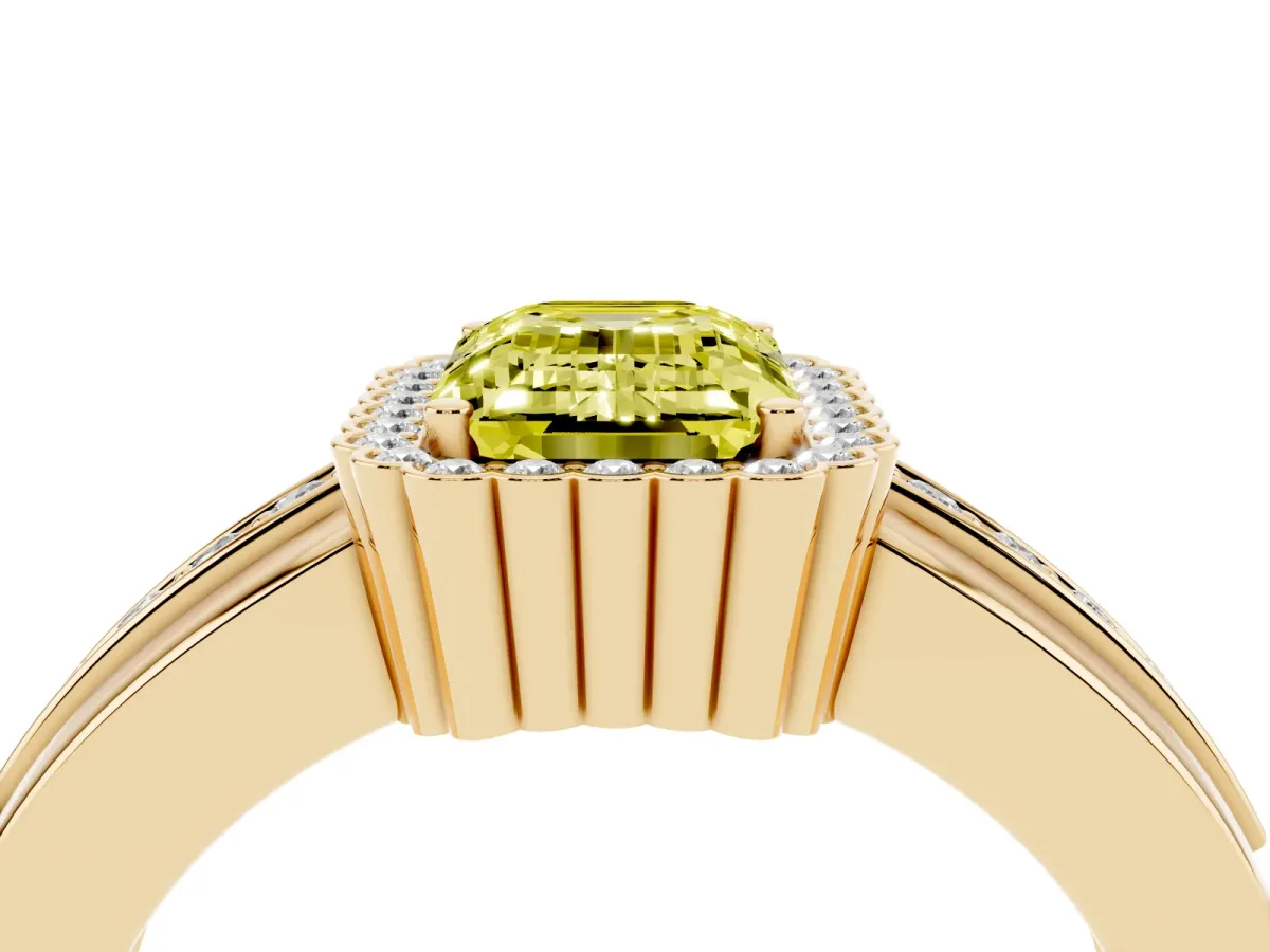 Fancy Yellow Emerald Cut Cut Halo Pave Band Four-Prong Ring Yellow gold