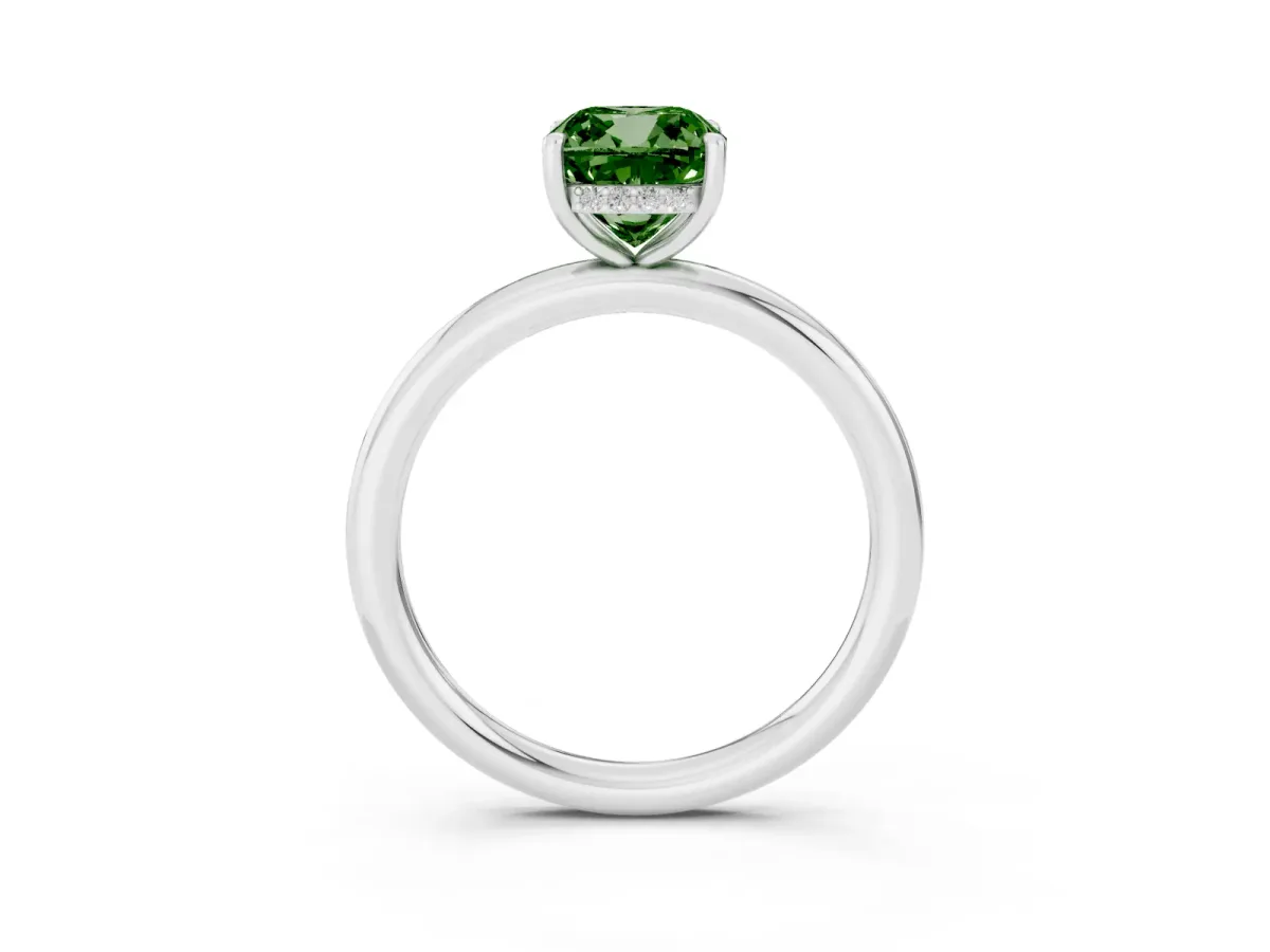 Fancy Green Cushion Cut Diamond Solitaire Ring with Thin Band and Four-Prong Setting Silver