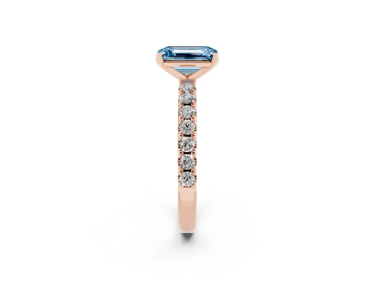 Fancy Blue Emerald Cut Diamond Solitaire Pavé Band with Four-Prong Setting Rose gold