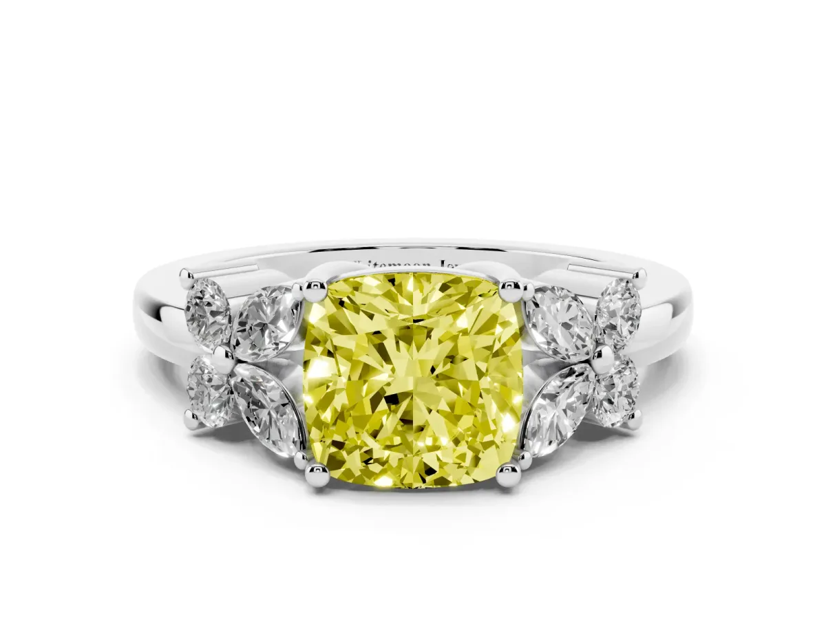 Fancy Yellow Cushion Cut Diamond Floral Cluster Ring with Solitaire Band and Prong Setting Silver