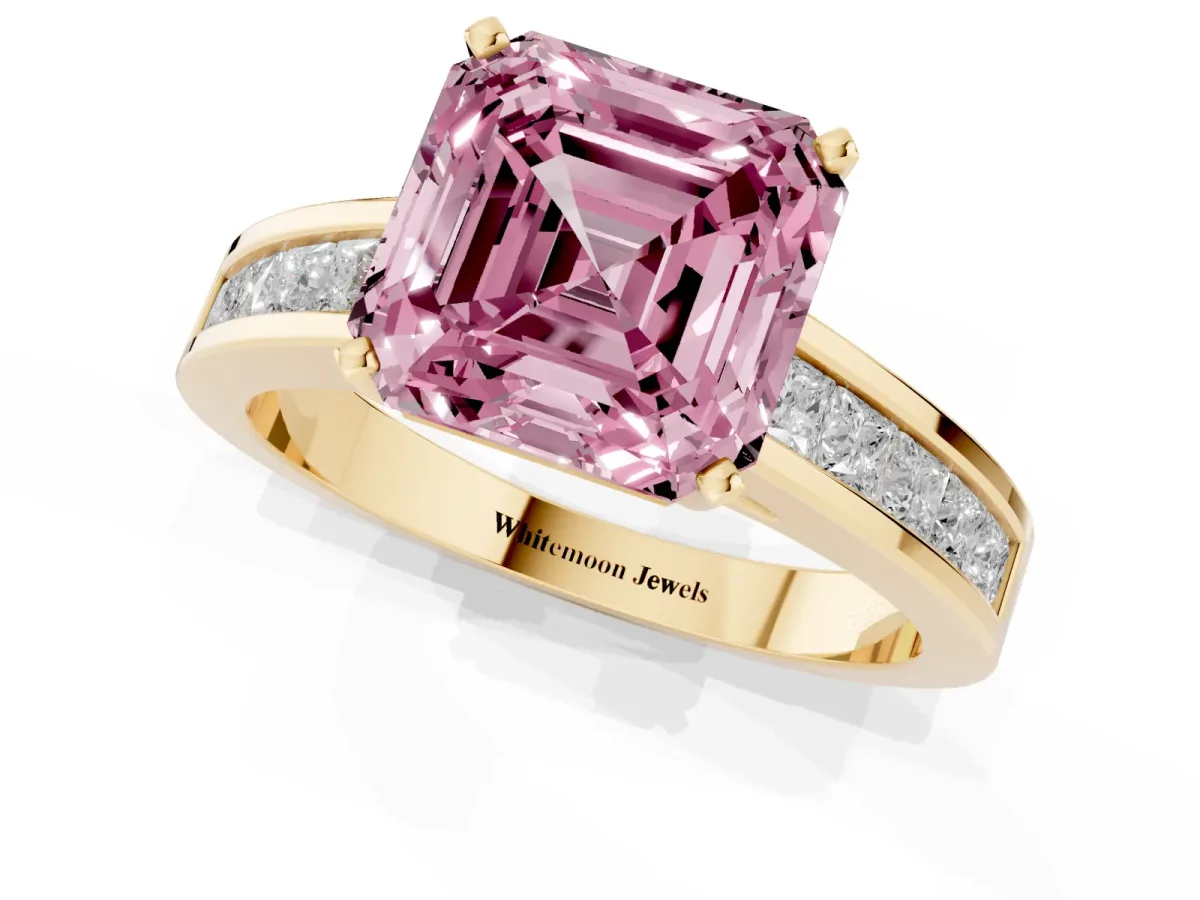 Fancy Pink Asscher Cut Solitaire Diamond Ring with Channel-Set Band and Four-Prong Setting Yellow gold