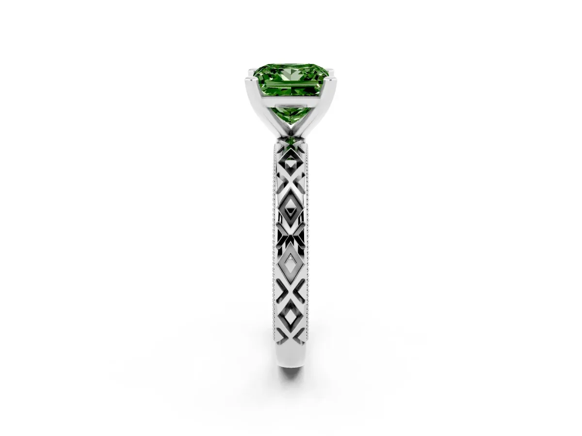Fancy Green Princess Cut Solitaire Diamond Ring with Milgrain and Black Enamel X Pattern Band Silver