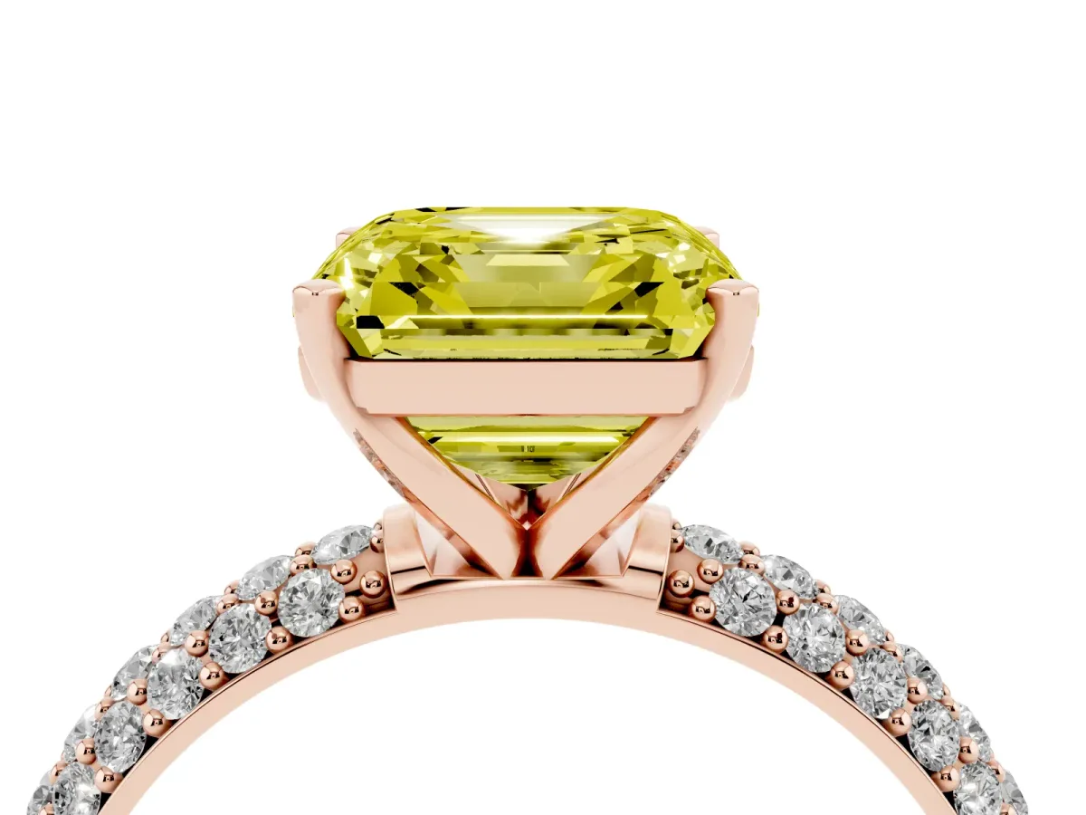 Fancy Yellow Asscher Cut Diamond Solitaire Ring with Prong Setting and Pavé Band Rose gold