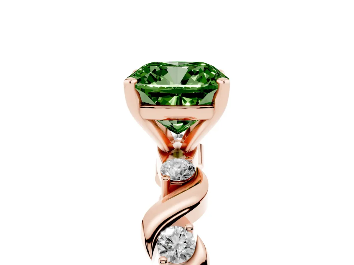 Fancy Green Cushion Cut Diamond Solitaire Twisted Band with Round Accents and Prong Setting Rose gold