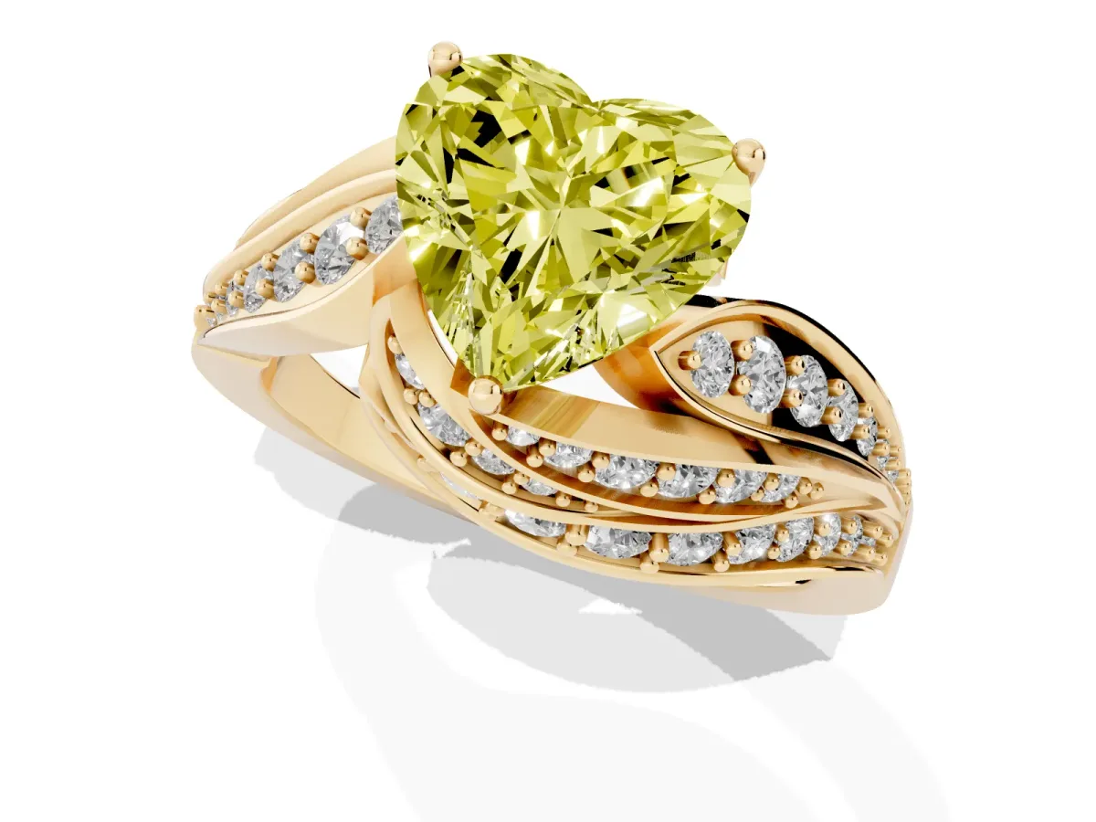 Fancy Yellow Heart Cut Diamond Solitaire Ring with Prong Setting and Twisted Pavé Band Yellow gold