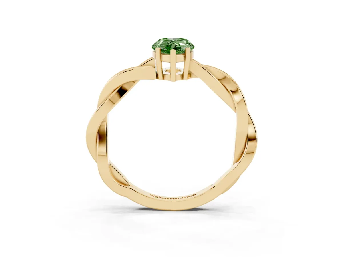 Fancy Green Pear Cut Solitaire Twisted Pave Diamond Ring with Four-Prong Setting Yellow gold