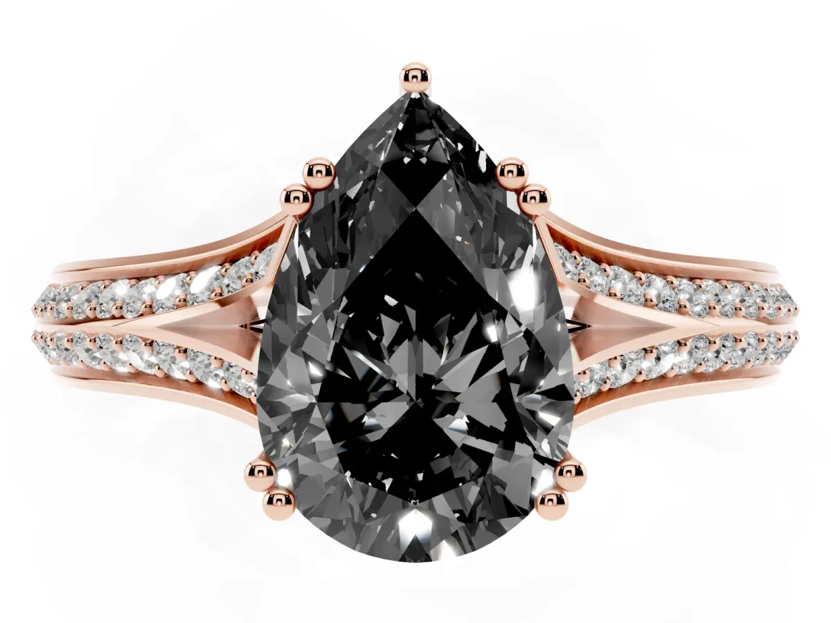 Fancy Black Pear Cut Diamond Split Shank Engagement Ring with Pavé Band Rose gold