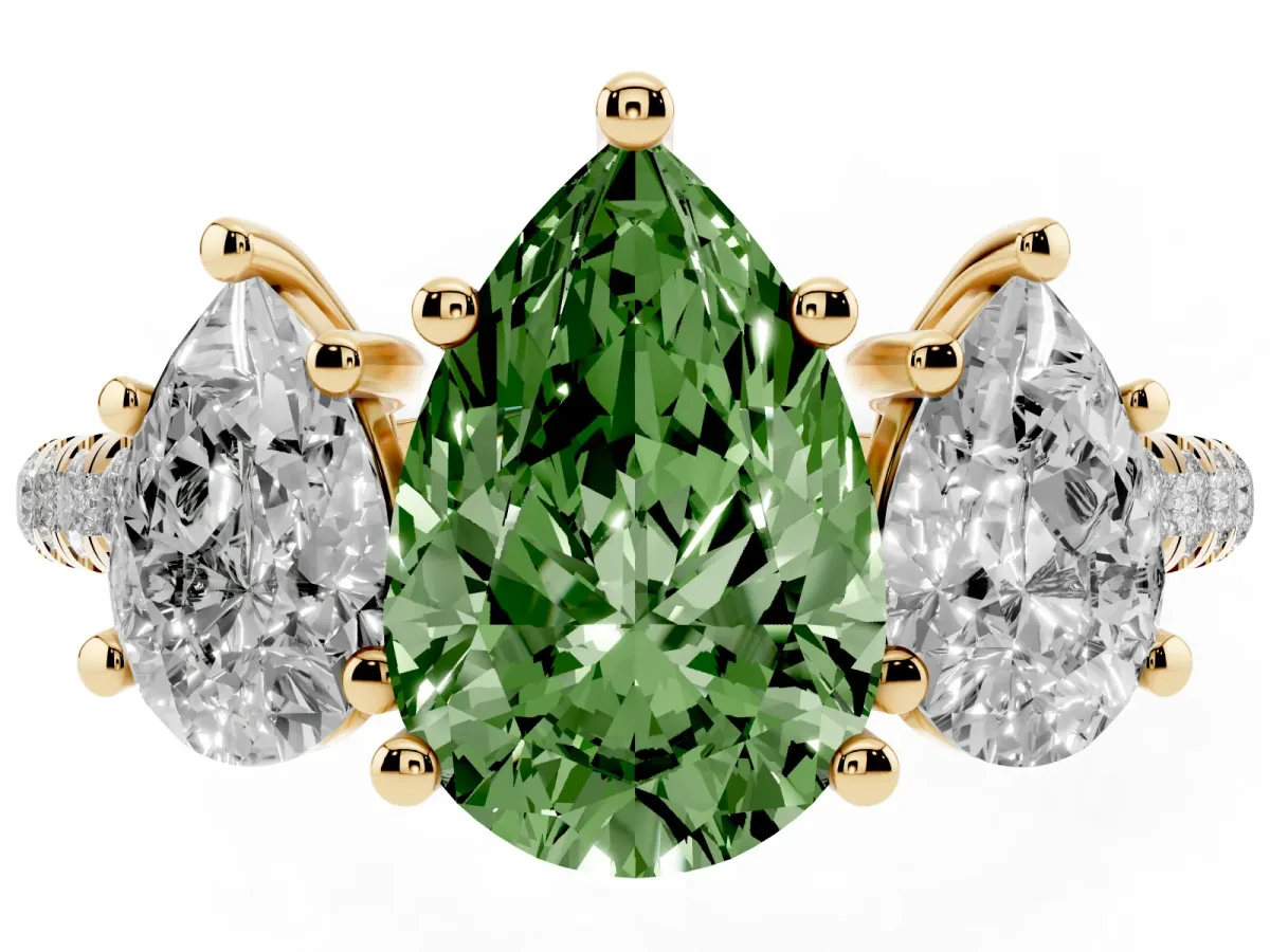 Fancy Green Three-Stone Pear Cut Diamond Ring with Round Pavé Band and Prong Setting Yellow gold
