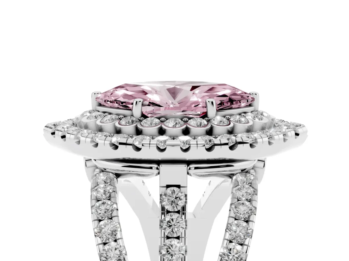 Fancy Pink Marquise Cut Diamond Double Halo Ring with Round Pavé Split Shank and Prong Setting Silver
