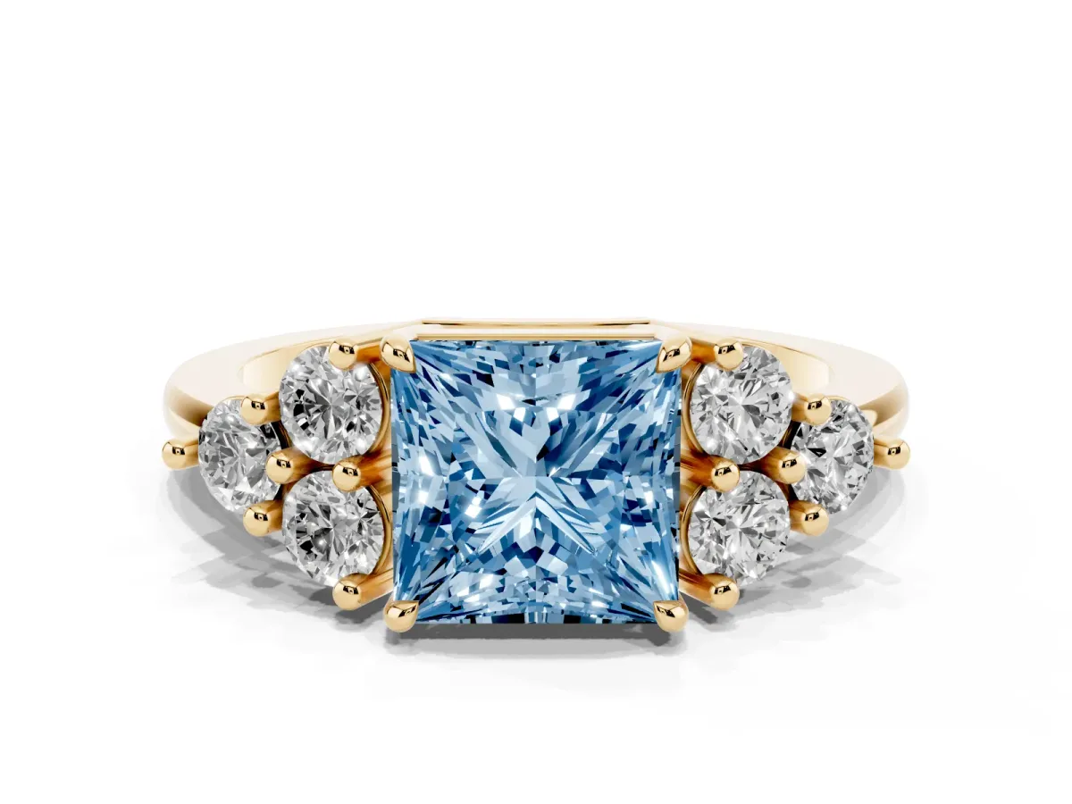 Fancy Blue Princess Cut Brilliant Diamond Cluster Accent Solitaire Ring with Prong Setting Yellow gold