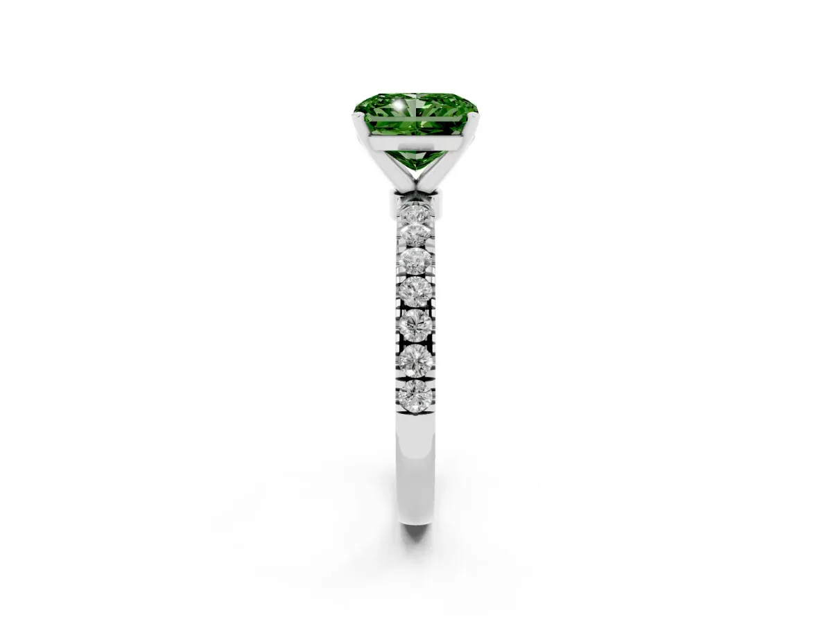 Fancy Green Radiant Cut Diamond Solitaire Ring with Pavé Accents and Four-Prong Setting Silver