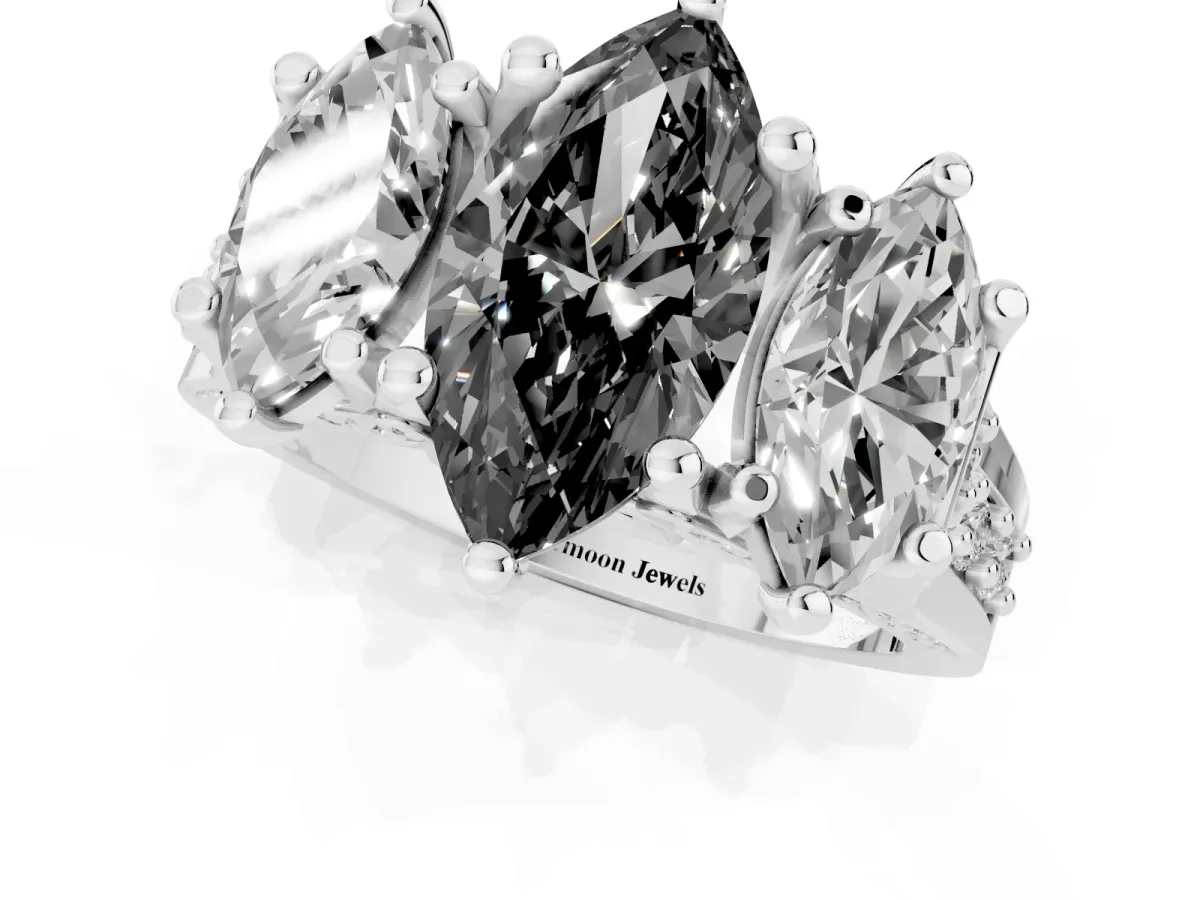 Fancy Black Marquise Cut Diamond Three-Stone Ring with Channel Set Band and Four-Prong Setting Platinum