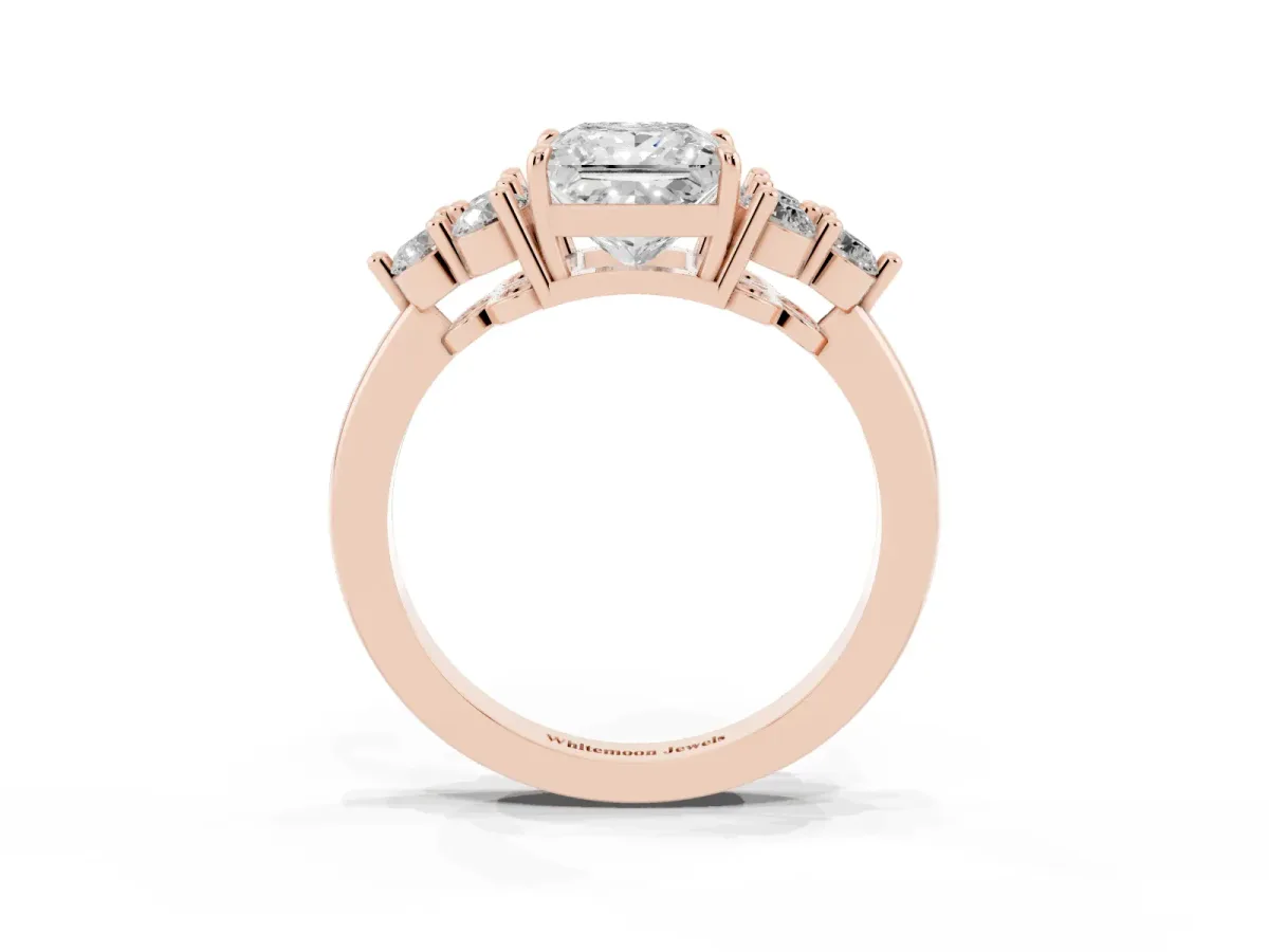 Princess Cut Brilliant Diamond Cluster Accent Solitaire Ring with Prong Setting Rose gold