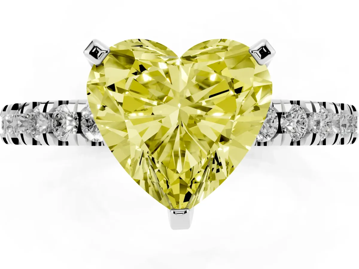Fancy Yellow Heart Cut Solitaire Diamond with Pavé Band and Four-Prong Setting Silver