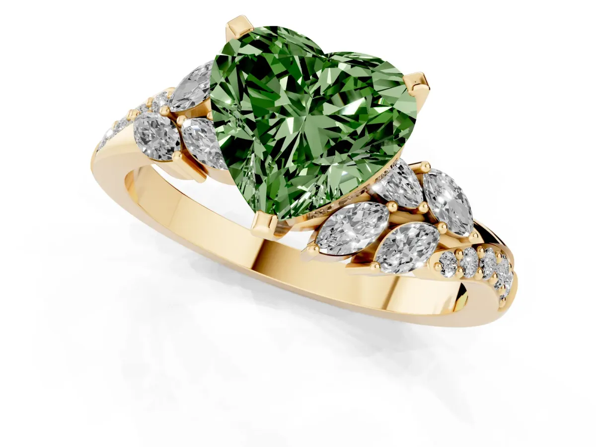 Fancy Green Heart Cut Solitaire Marquise Twist Band with Six-Prong Setting Yellow gold