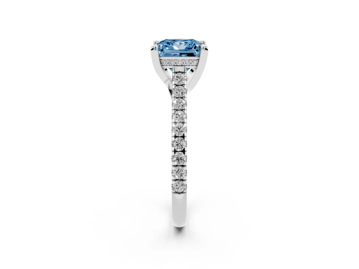 Fancy Blue Princess Cut Brilliant Diamond Solitaire with Pavé Band and Four-Prong Setting White gold