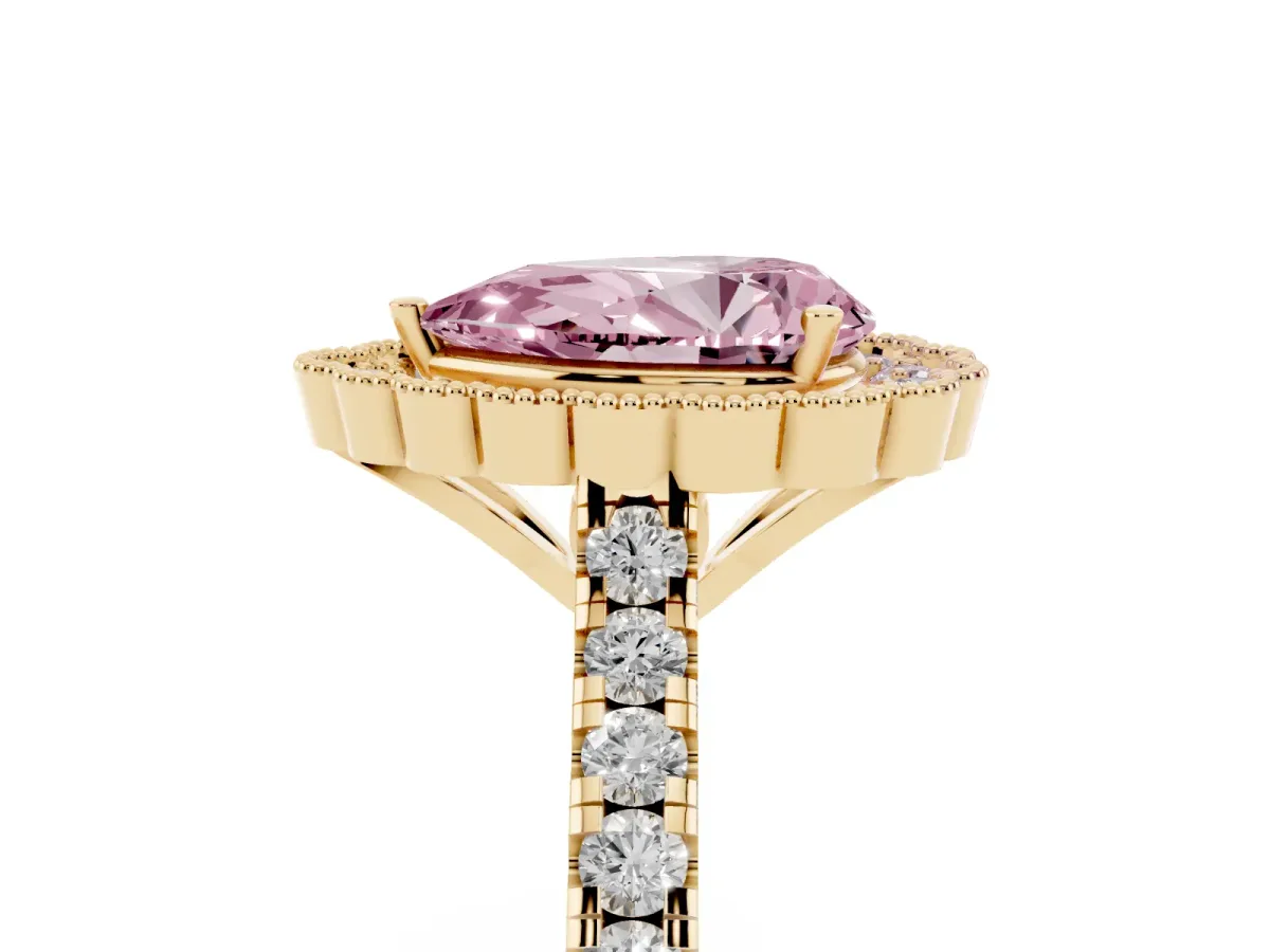 Fancy Pink Pear Cut Cut Diamond Milgrain Floral Halo Engagement Ring with Pavé Band Yellow gold