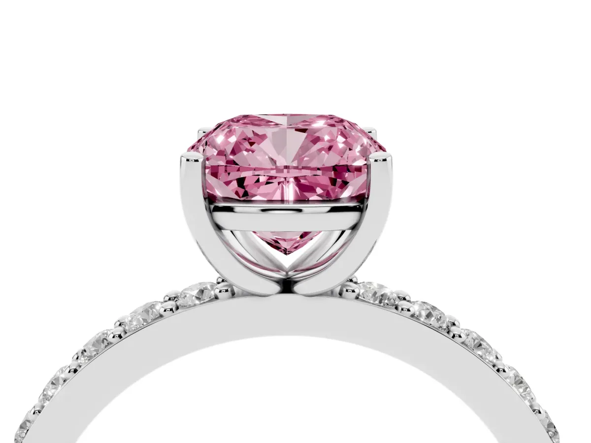 Fancy Pink Cushion Cut Cut Diamond Solitaire with Pave Band and Four-Prong Setting Silver
