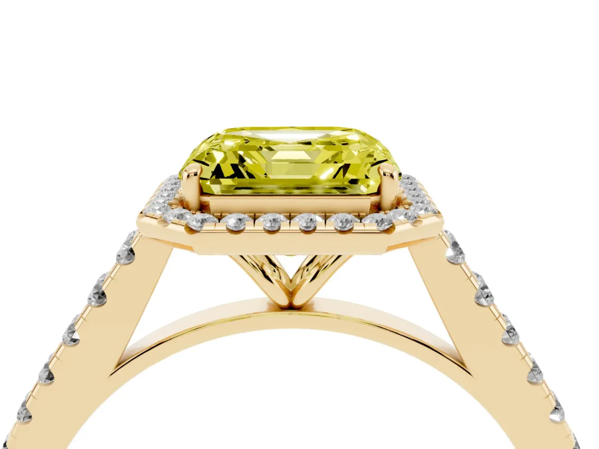 Fancy Yellow Asscher Cut Halo Pave Diamond Engagement Ring with Four-Prong Setting Yellow gold
