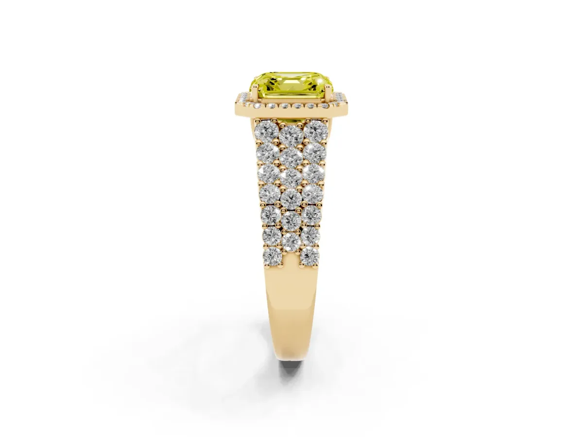 Fancy Yellow Asscher Cut Diamond Halo Engagement Ring with Triple Row Round Pavé Band and Prong Setting Yellow gold