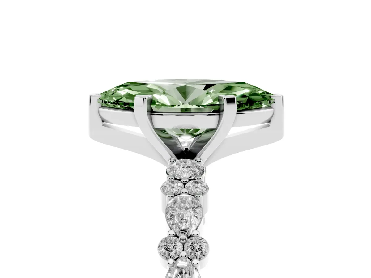 Fancy Green Marquise Cut Diamond Side Stone Solitaire Ring with Round and Four-Prong Setting Silver