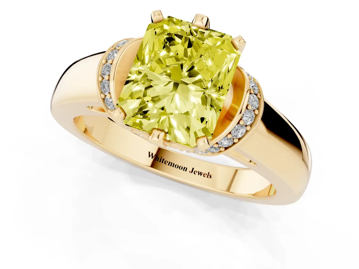 Fancy Yellow Radiant Cut Solitaire Diamond Ring with Pave Band and Six-Prong Setting Yellow gold